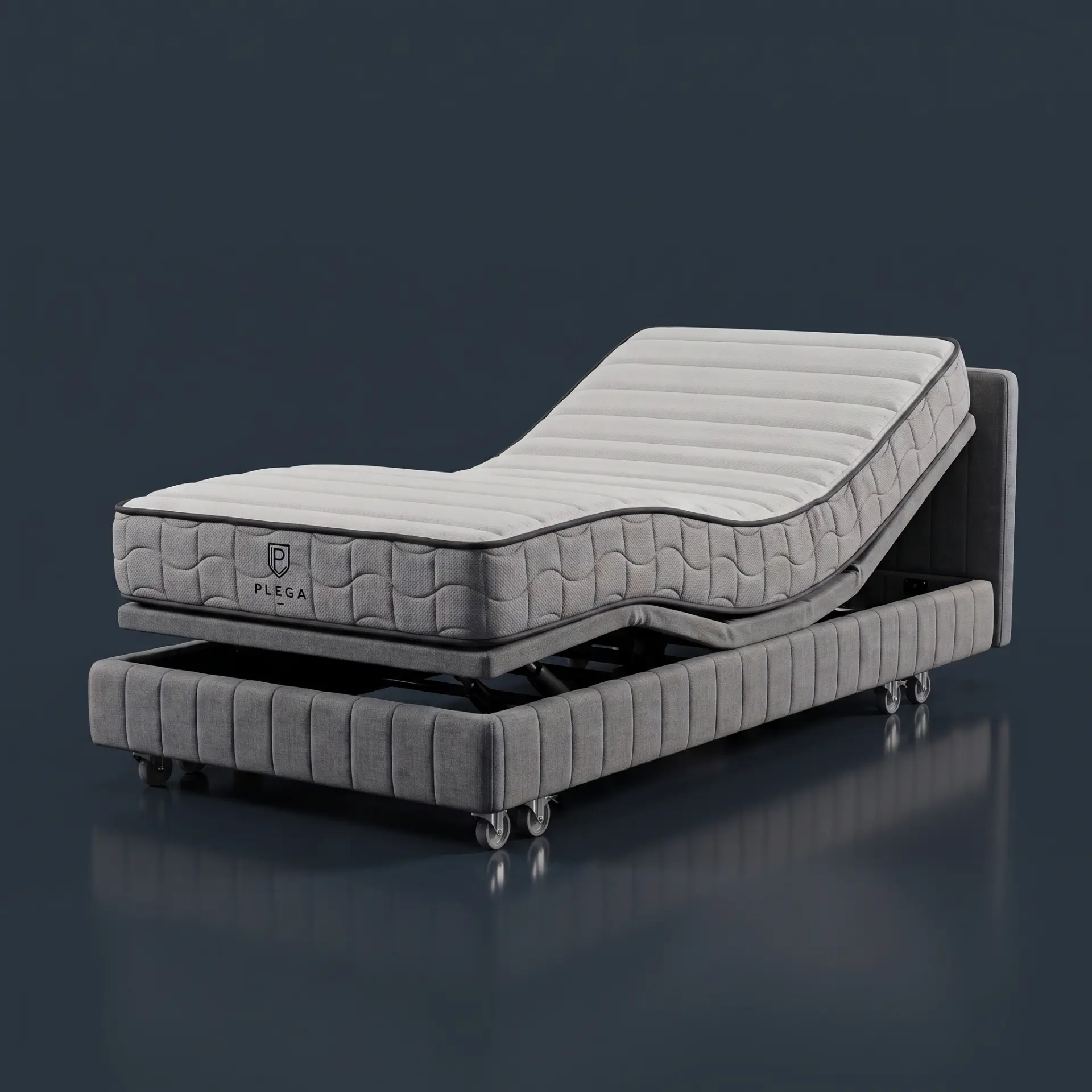 PLEGA Z-SERIES 2 in a bright bedroom, showing its mattress and upholstered base