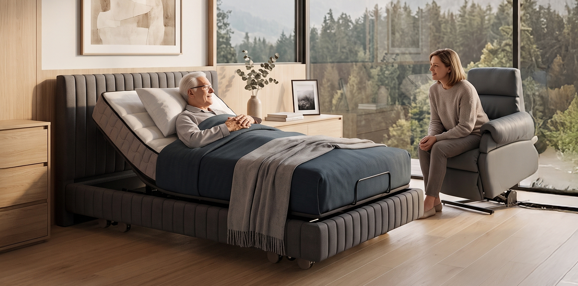 The Z-Series 2 in a calm bedroom with a forest view
