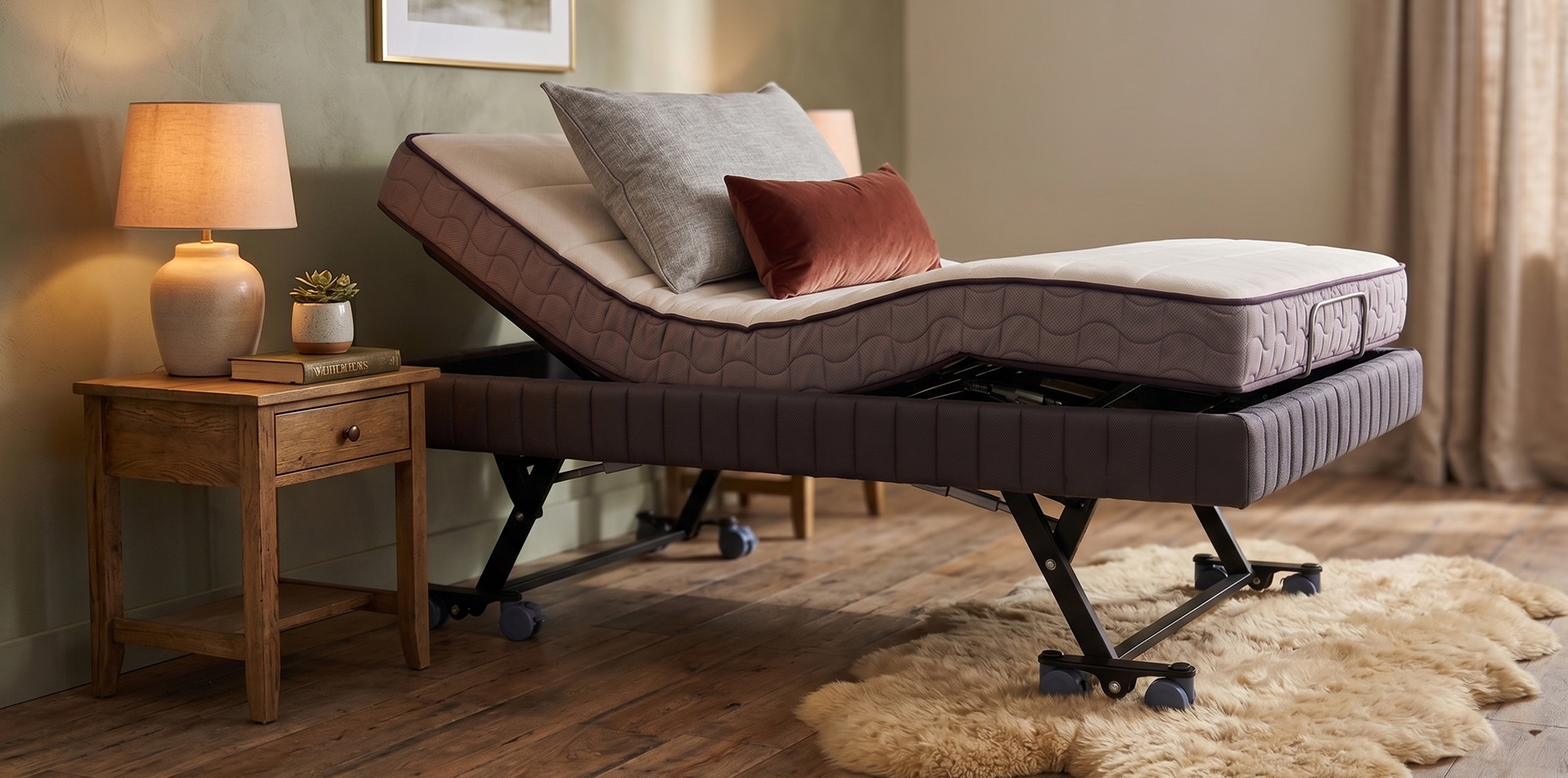 Close view of the Z-Series 2 showing the mattress, upholstered base, mechanism and lockable castors