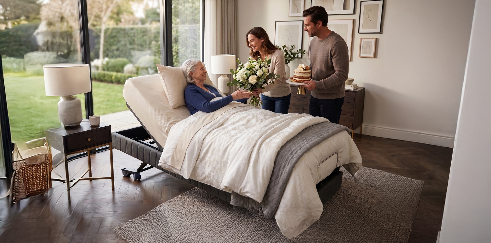 Family gathered around the Z-Series 2 in a garden-facing bedroom