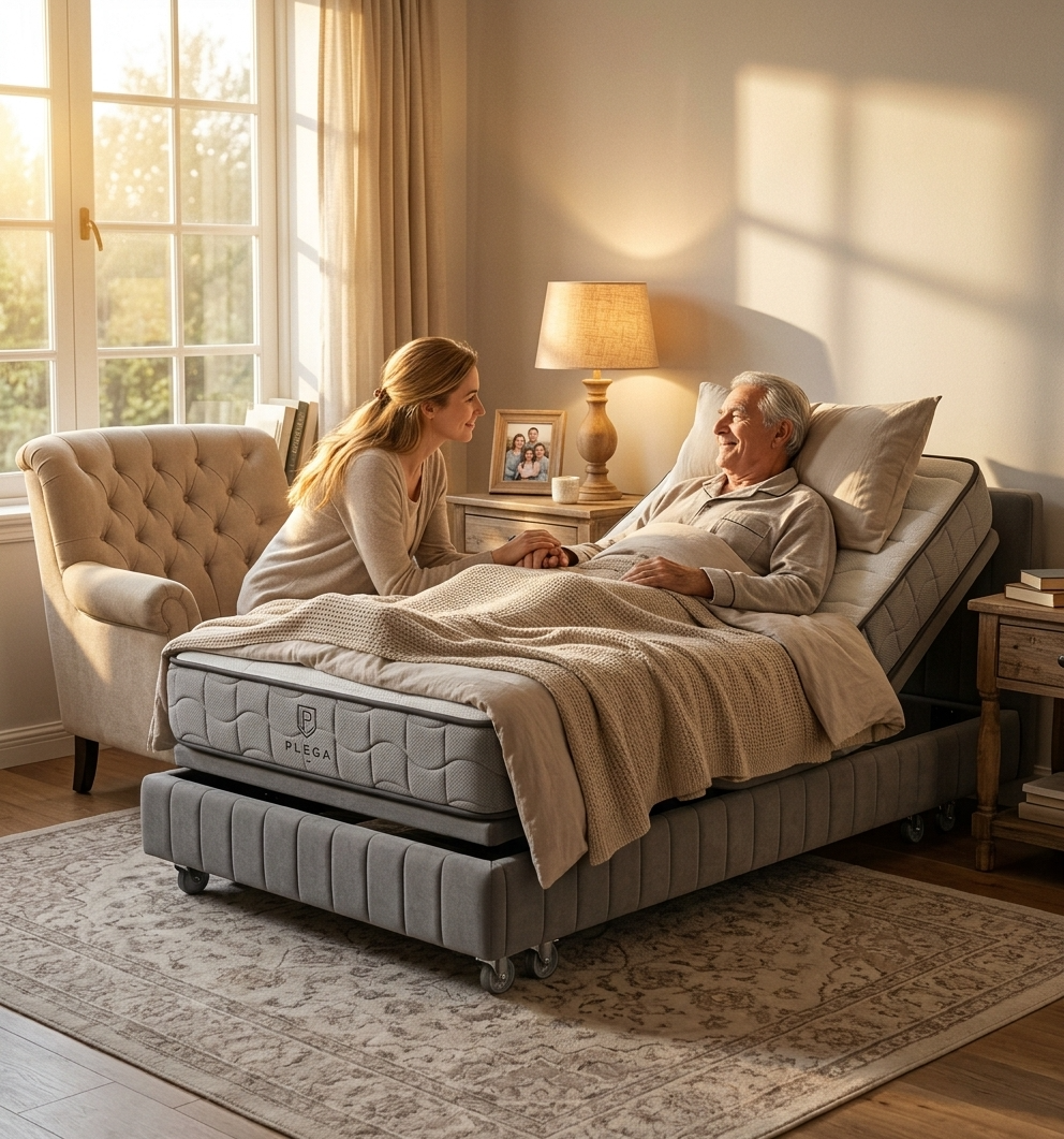 Family member sitting beside a person resting comfortably in the PLEGA Z-SERIES 2