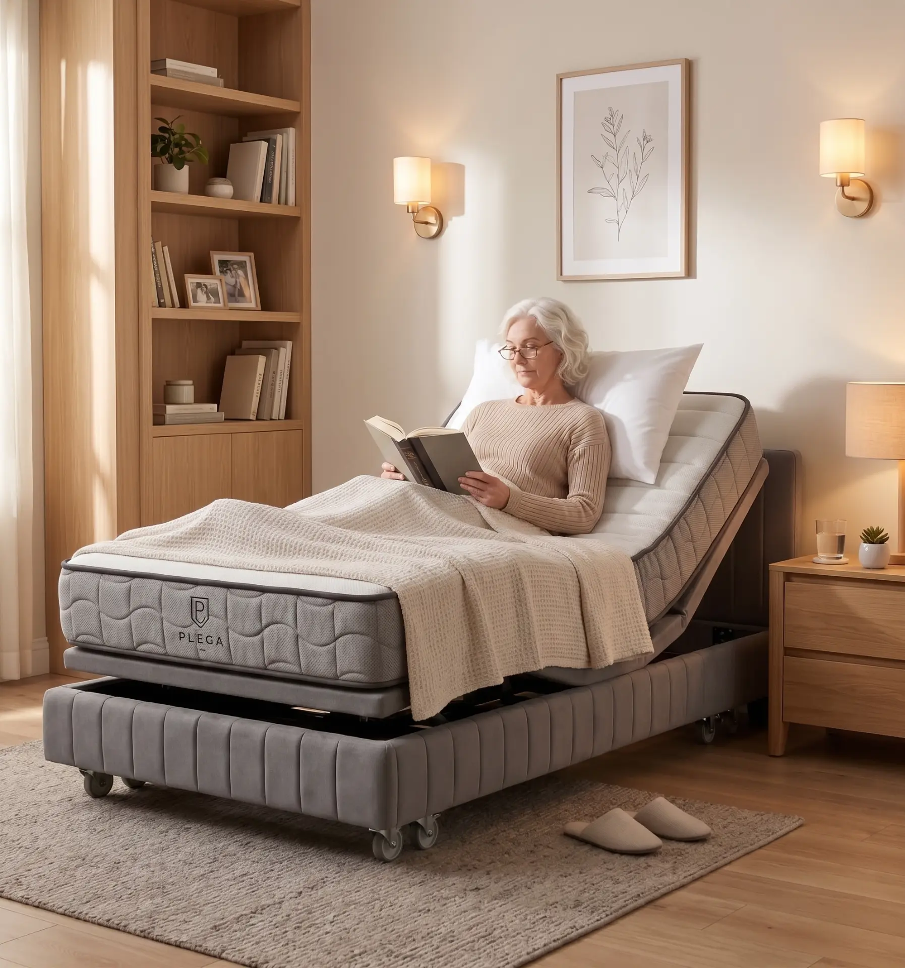 Woman reading comfortably with the PLEGA Z-SERIES 2 raised in a warm home bedroom